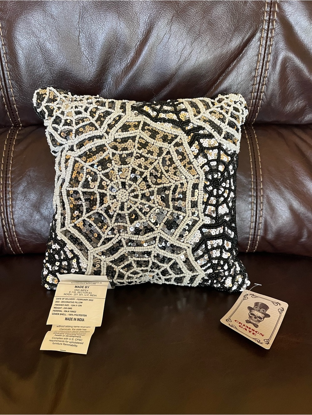 Crimson Gate Halloween Spiderweb Sequin Beaded Decorative Pillow
